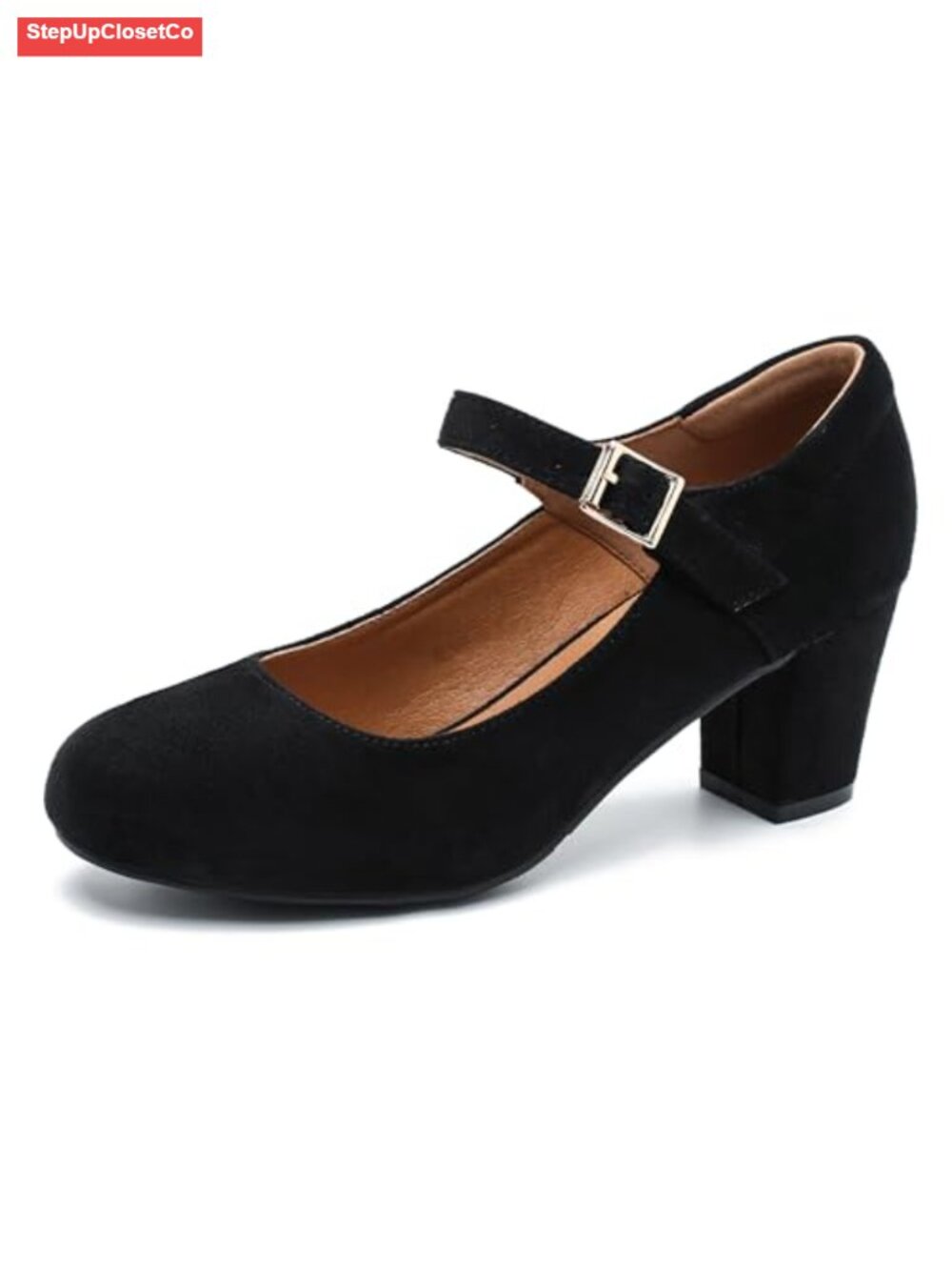 Mary Jane Pumps Low Block Heel Ankle Strap Closed Round Toe Faux Leather